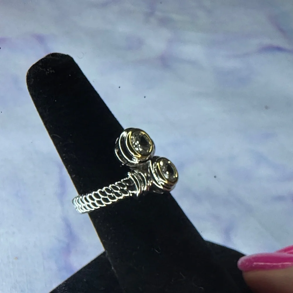 Silver Two-Stone Open Coil Ring with Clear Crystals